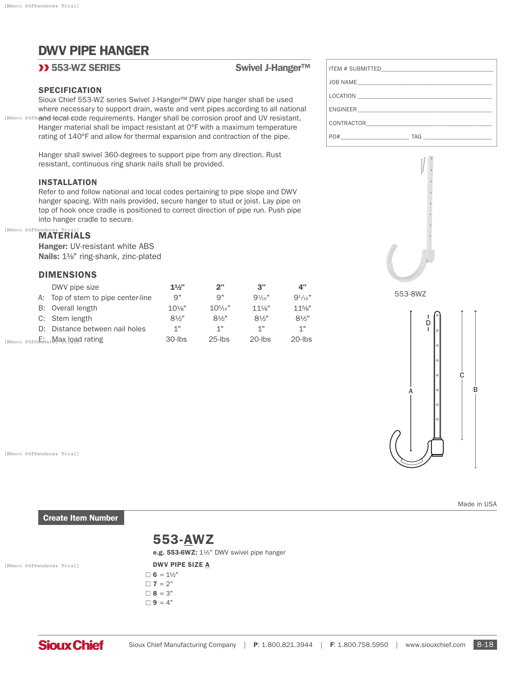 553-WZ SERIES - SWIVEL J-HANGER - SPEC SHEET.PDF Specification Document